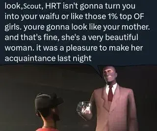Spy from TF2 saying to Scout "look, Scout, HRT isn't gonna turn you into your waifu or like those 1% top OF girls. you're gonna look like your mother. and that's fine, she's a very beautiful woman. it was a pleasure to make her acquaintance last night"