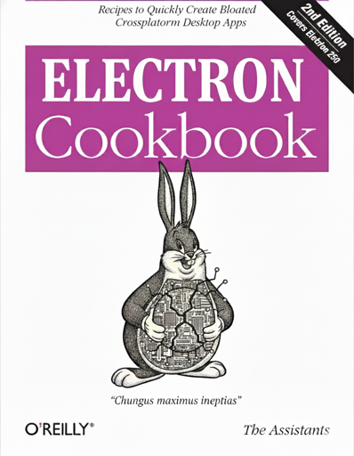 A fake book titled Electron Cookbook: Recipes to Quickly Create Bloated Crossplatform Desktop Apps featuring an image of Big Chungus