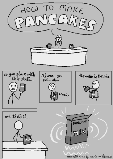 crude multi-panel pixel drawing with stick figure. figure stands behind counter saying "how to make pancakes". next panel, figure holds pancake mix box and says "so you start with this stuff...". next panel shows them cracking open the mix and saying "it's umm.. you put... uh...". next panel the figure pours water into the open mix box saying "the water in the mix". next panel the figure puts down the now wet mix box on the counter and says "and... that's it...". last panel shows the wet pancake mix up close, clearly showing that its filled with water at the bottom with lines accenting the box. bottom right small text reads "made with Krita by maria on Lemmy"