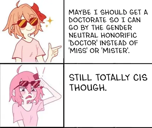 Maybe I should get a doctorate so I can go by the gender neutral honourific ‘doctor’ instead of ‘miss’ or ‘mister’. Still totally cis though.