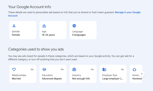 Google Account Info page, listing, among others: Gender: Female, Age: 18-24, Relationships: Married, Home: Homeowner