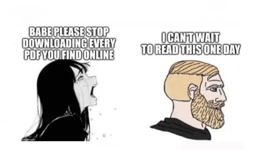 A meme with two drawings of people next to one another. The woman on the right is crying; she is captioned with, 'Babe please stop downloading every PDF you find online'. The man (chad meme) on the right is facing away from her, and is captioned with 'I can't wait to read this one day'.