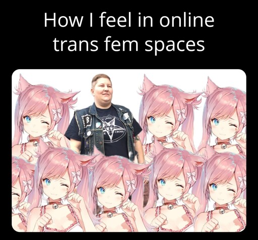 A text reads: "How I feel in online trans fem spaces"  Below is a photo of a butch lesbian surrounded by a bunch of poorly edited in anime cat girls.