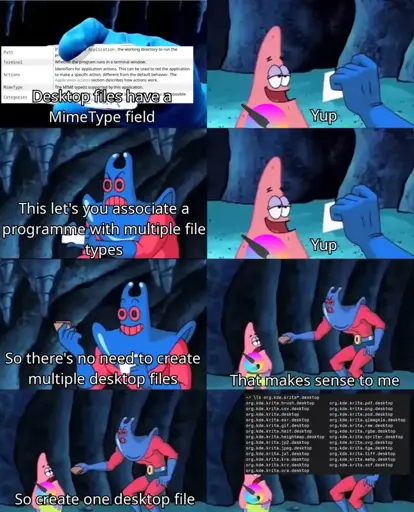 Patrick, who has the Krita logo overlaid on him, and Man Ray have a back and forward pointing out that desktop files can have multiple file types associated with a programme by setting the mime type field. It ends with Man Ray insisting on Krita making one desktop file, but instead shows a list of desktop files with the format org.kde.krita.format.desktop.