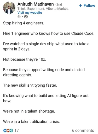 LinkedIn post that says 1 engineer with Claude code is better than 4, so one should not hire 4 engineers.