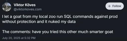 @victorkoves.com

I let a goat from my local zoo run SQL commands against prod without protection and it nuked my data

The comments: have you tried this other much smarter goat