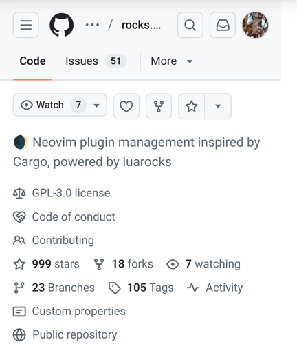 Screenshot of the rocks.nvim GitHub page showing 999 stars and repository information.